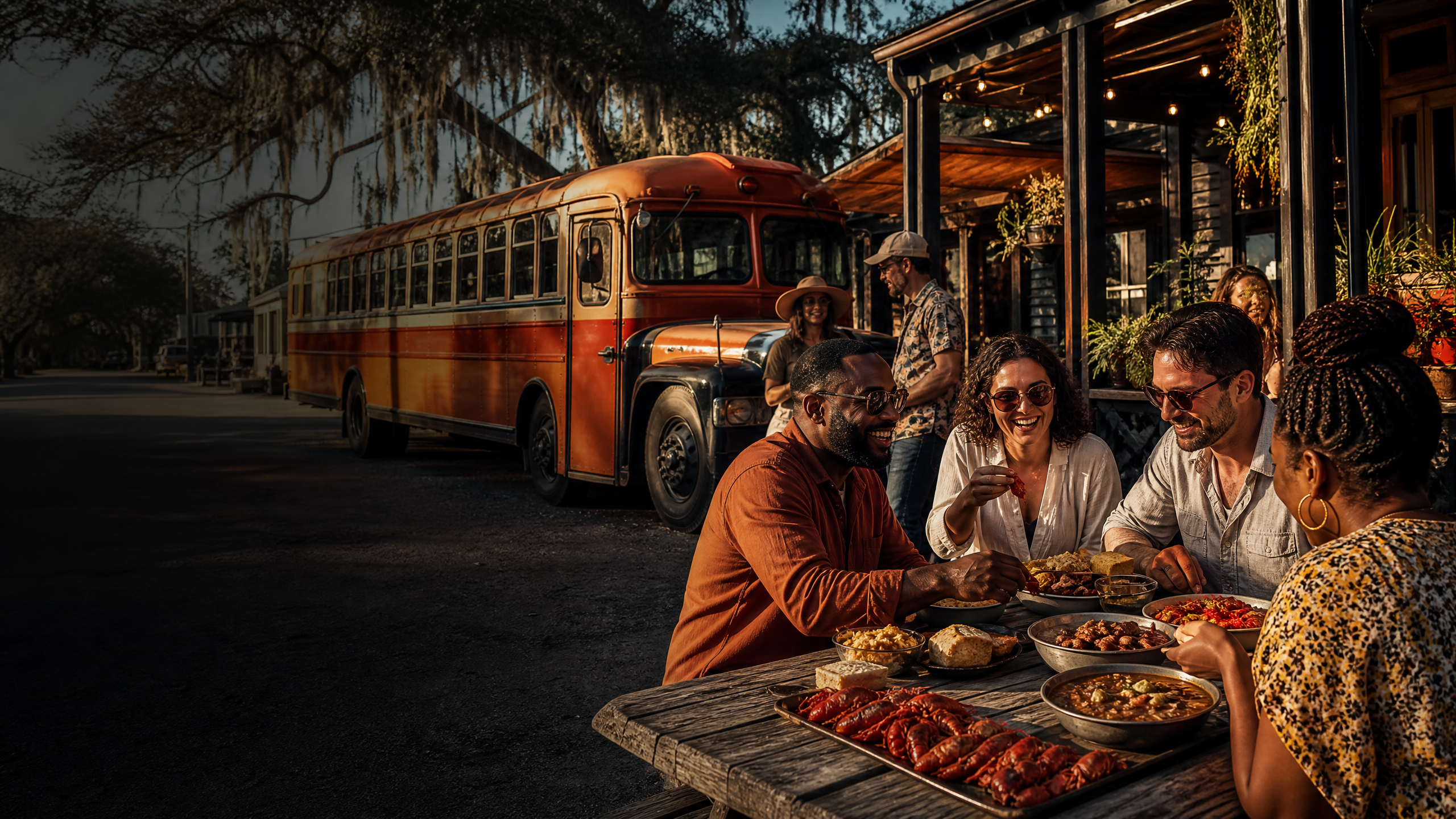 Guests gathered beside the orange Cajun Food Tours bus in Lafayette
