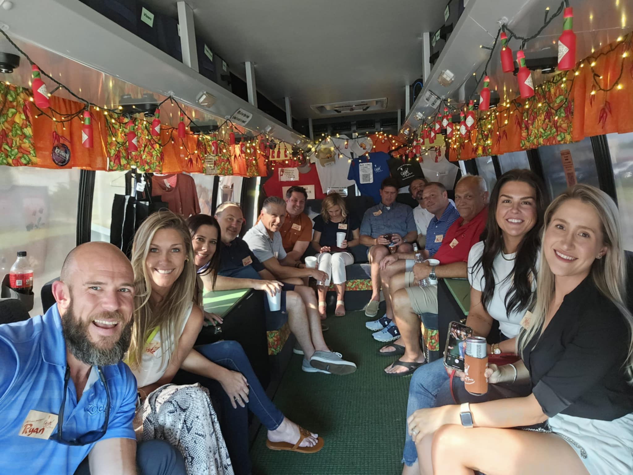The comfortable interior of the Cajun Food Tours bus